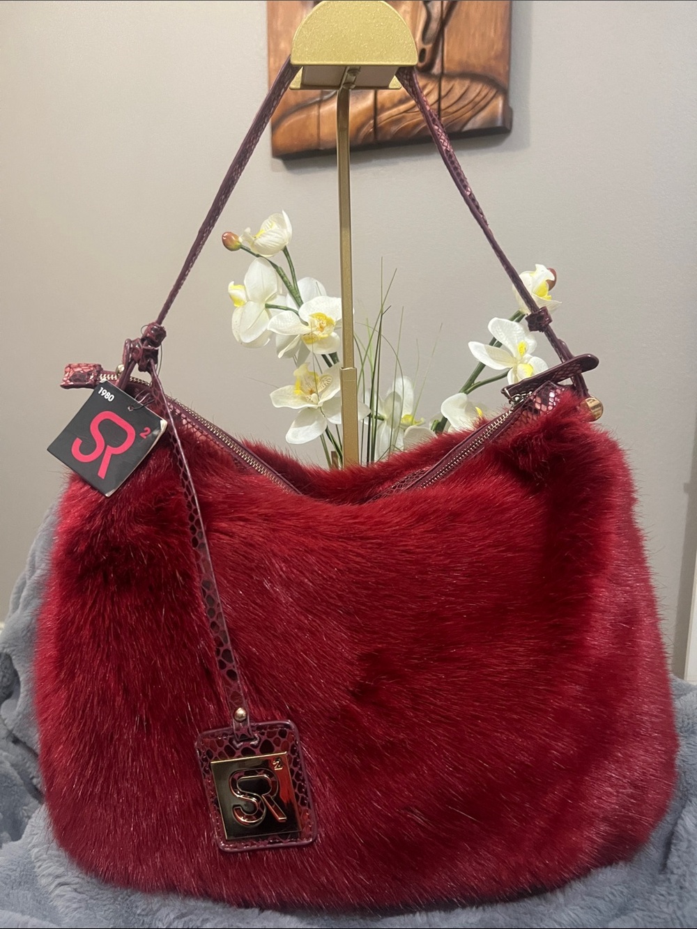 SR Sondra Roberts Deep Red Faux Fur Hobo with Logo Charm NWT retail $132